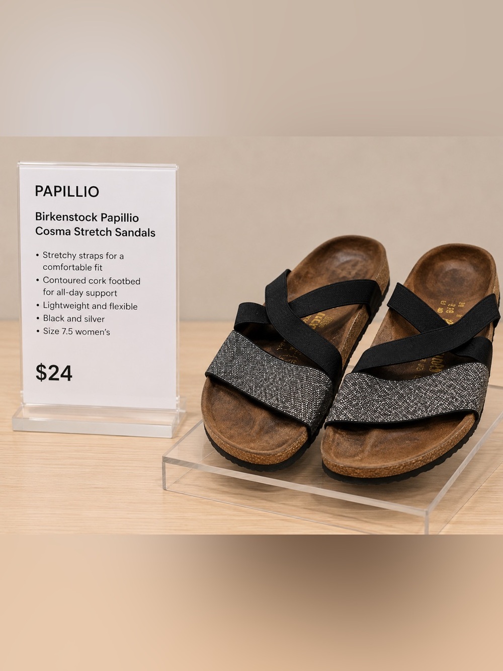 Birkenstock Papillio Cosma stretch sandals in black and silver 7 7.5 women’s